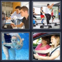 4 fotos 1 palabra 8 letras clase de gimnasia, bebé buceando, mujer conduciendo