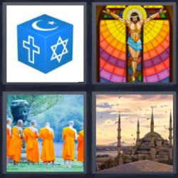 Respuesta 4 fotos 1 palabra 8 letras cubo azul con signos religiosos, vidriera con la imagen de un Cristo en la cruz, monjes budistas vestidos de naranja, templo o edificio religioso