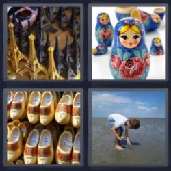 Respuesta 4 fotos 1 palabra 8 letras figuritas de la Torre Eiffel, niño recogiendo conchas o piedras de la orilla de la playa, muñecas rusas, zuecos de madera.