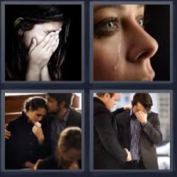 4 fotos 1 palabra 8 letras mujer tapándose la cara con las manos, mujer llorando, hombre muy triste.