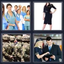 Respuesta 4 fotos 1 palabra personal médico, azafata de vuelo, fila de soldados