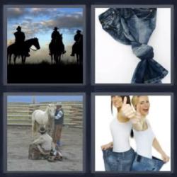Respuesta 4 fotos 1 palabra caballos, pantalones vaqueros, jeans con un nudo, mujeres con pantalones muy anchos.