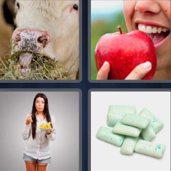 4 fotos 1 palabra 8 letras vaca, manzana, chicles, mujer comiendo
