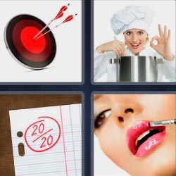4 fotos 1 palabra 8 letras diana roja con flechas, mujer pintándose los labios, cocinera, calificaciones 20 sobre 20